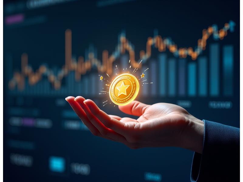 Uma mão segurando um distintivo virtual brilhante com um símbolo de estrela em um fundo digital com elementos de gamificação e gráficos de conquistas.