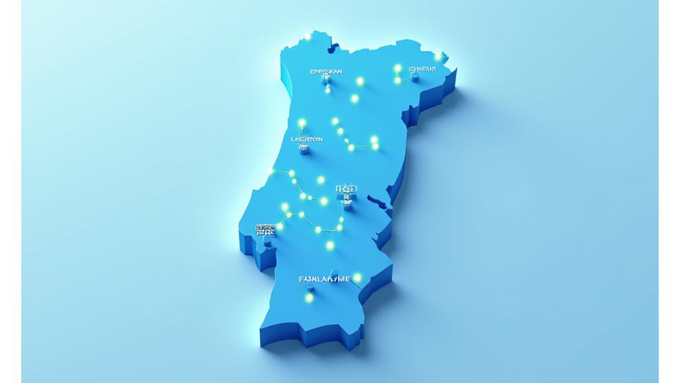 Mapa estilizado de Portugal com ícones de locais, destacando Lisboa e Porto, e pontos de parceria para saúde e bem-estar, representando a atuação local da Aura Plena.